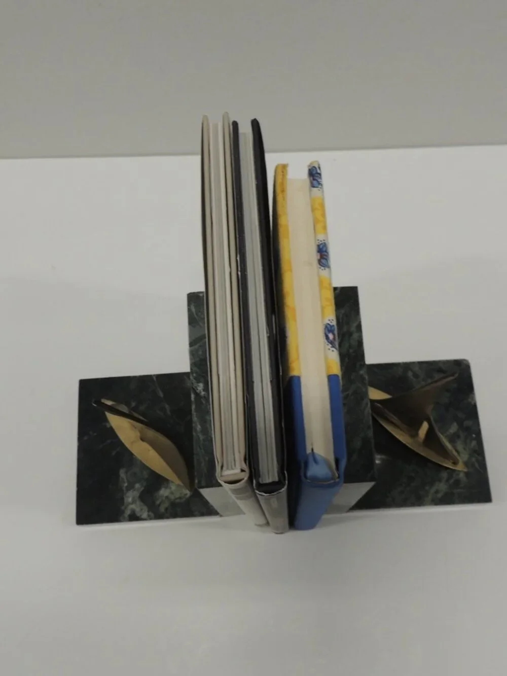 MCM Vintage Brass Sailing Boats and Green Marble Bookends